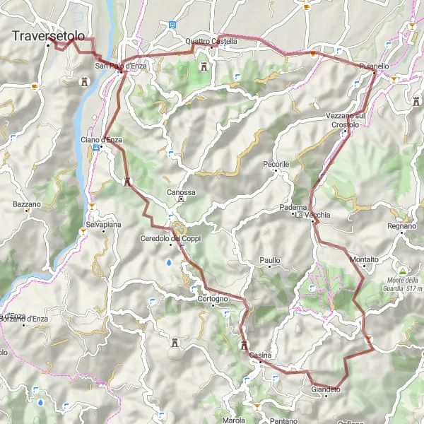 Miniaturní mapa "Gravel Bianello - Monte Albano" inspirace pro cyklisty v oblasti Emilia-Romagna, Italy. Vytvořeno pomocí plánovače tras Tarmacs.app