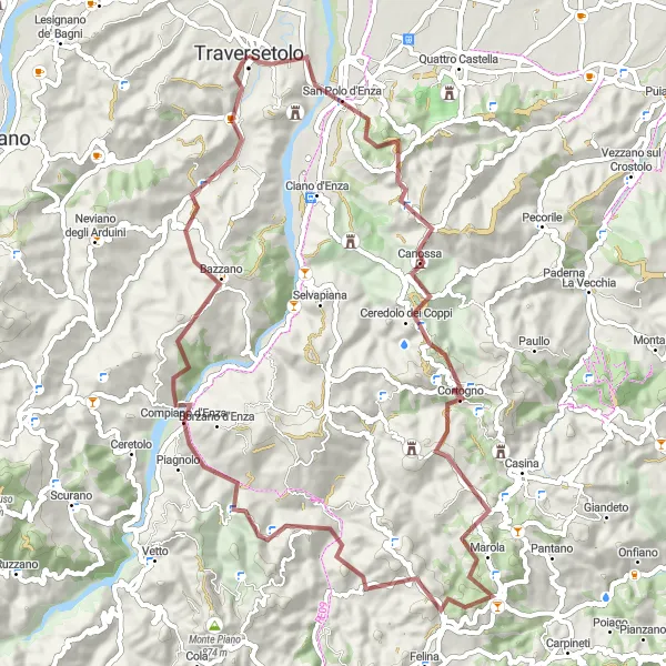 Miniatura della mappa di ispirazione al ciclismo "Giro in Gravel delle Colline emiliane" nella regione di Emilia-Romagna, Italy. Generata da Tarmacs.app, pianificatore di rotte ciclistiche