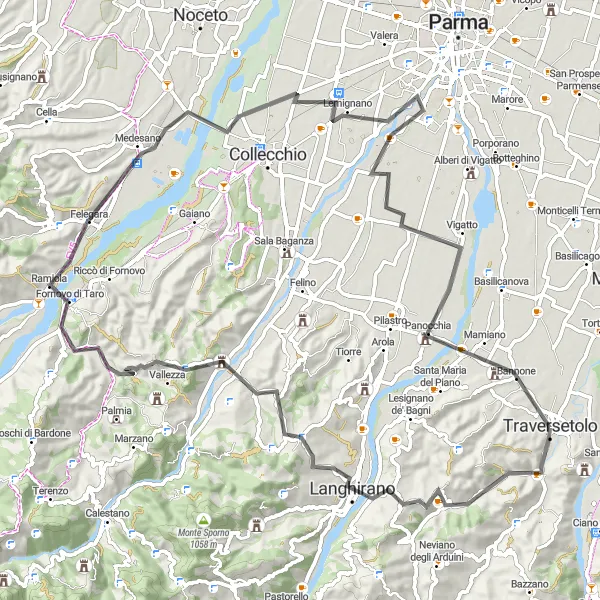 Miniatura della mappa di ispirazione al ciclismo "La Via dei Castelli Parmensi" nella regione di Emilia-Romagna, Italy. Generata da Tarmacs.app, pianificatore di rotte ciclistiche