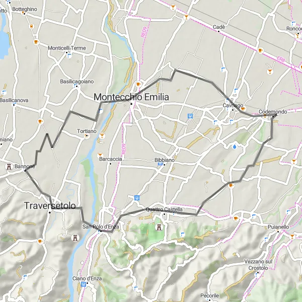 Kartminiatyr av "Rundtur till Montechiarugolo, Villa Aiola, Quattro Castella och Bianello" cykelinspiration i Emilia-Romagna, Italy. Genererad av Tarmacs.app cykelruttplanerare