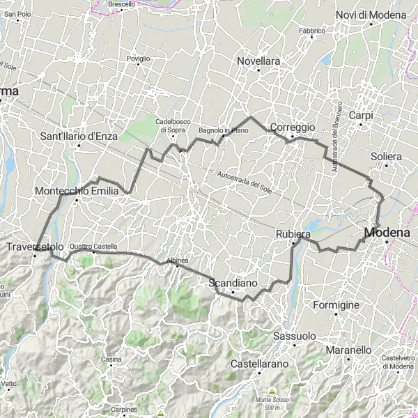 Zemljevid v pomanjšavi "Dolga cestna kolesarska pot skozi Cavriago, Roncocesi in Rubiera" kolesarske inspiracije v Emilia-Romagna, Italy. Generirano z načrtovalcem kolesarskih poti Tarmacs.app