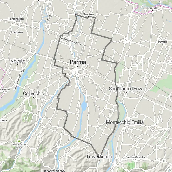 Map miniature of "Traversetolo and Vicomero Loop" cycling inspiration in Emilia-Romagna, Italy. Generated by Tarmacs.app cycling route planner