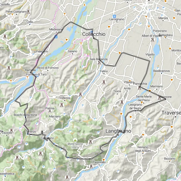 Mapa miniatúra "Traversetolská horská cesta" cyklistická inšpirácia v Emilia-Romagna, Italy. Vygenerované cyklistickým plánovačom trás Tarmacs.app