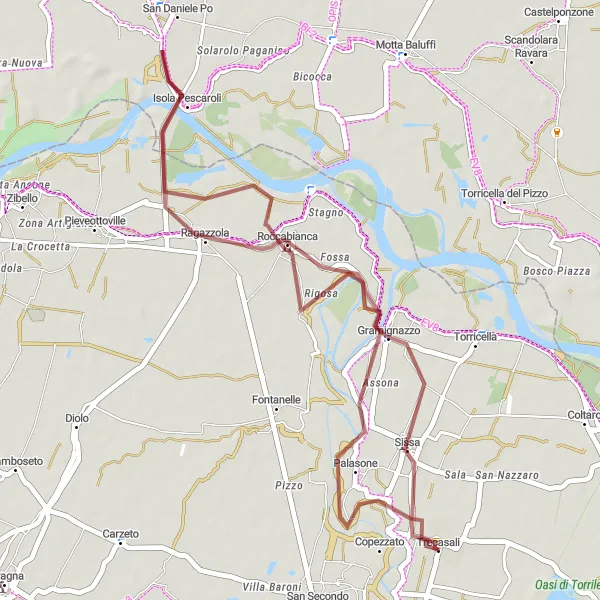 Miniatua del mapa de inspiración ciclista "Ruta de Grava de 45km desde Trecasali" en Emilia-Romagna, Italy. Generado por Tarmacs.app planificador de rutas ciclistas
