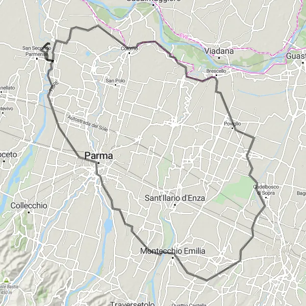 Map miniature of "Hills and Castles" cycling inspiration in Emilia-Romagna, Italy. Generated by Tarmacs.app cycling route planner
