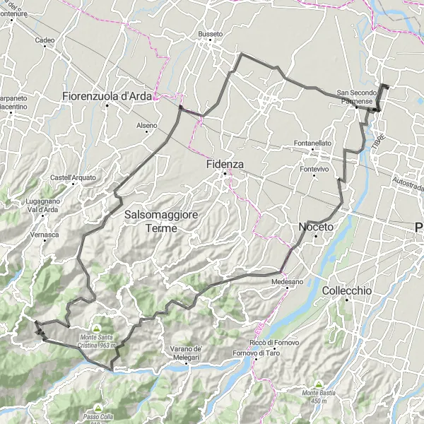 Miniatua del mapa de inspiración ciclista "Ruta de ciclismo de carretera a Trecasali" en Emilia-Romagna, Italy. Generado por Tarmacs.app planificador de rutas ciclistas