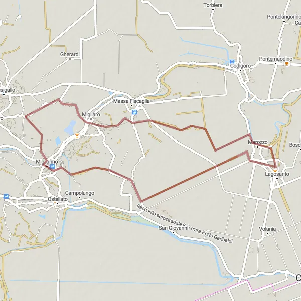 Miniatura mapy "Trasa rowerowa Migliaro-Lagosanto" - trasy rowerowej w Emilia-Romagna, Italy. Wygenerowane przez planer tras rowerowych Tarmacs.app