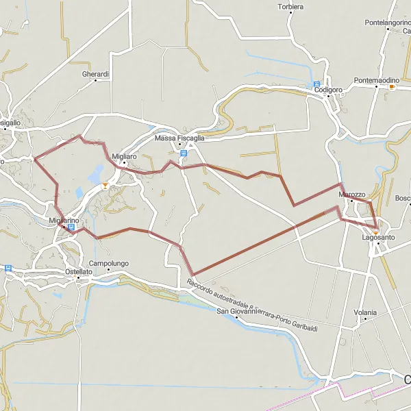 Miniatura della mappa di ispirazione al ciclismo "Giro in Gravel da Tresigallo a Final di Rero" nella regione di Emilia-Romagna, Italy. Generata da Tarmacs.app, pianificatore di rotte ciclistiche