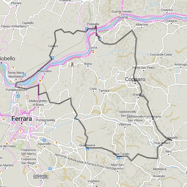 Miniatura della mappa di ispirazione al ciclismo "Giro in bicicletta da Tresigallo a Final di Rero" nella regione di Emilia-Romagna, Italy. Generata da Tarmacs.app, pianificatore di rotte ciclistiche