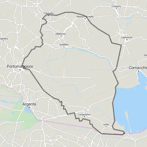 Map miniature of "The Cascina dei Barbinis Road Ride" cycling inspiration in Emilia-Romagna, Italy. Generated by Tarmacs.app cycling route planner