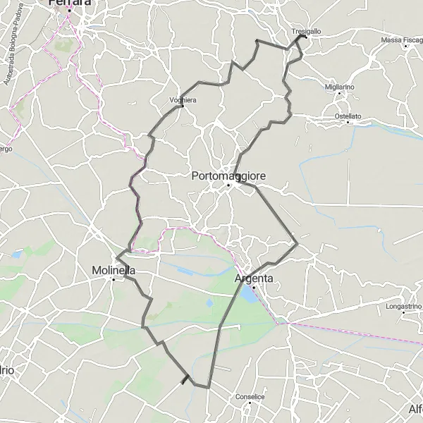 Miniaturní mapa "Cyklistická trasa Medelana - Portomaggiore - Argenta - Ospital Monacale - Voghiera - Masi Torello - Final di Rero" inspirace pro cyklisty v oblasti Emilia-Romagna, Italy. Vytvořeno pomocí plánovače tras Tarmacs.app