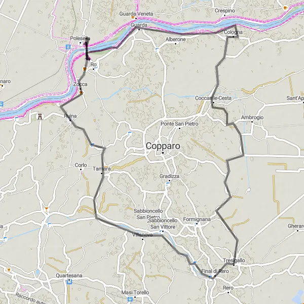 Miniaturní mapa "Cyklotrasa Tresigallo - Denore - Ruina - Guarda Veneta - Crespino - Coccanile-Cesta - Brazzolo - Ex Casa del Fascio" inspirace pro cyklisty v oblasti Emilia-Romagna, Italy. Vytvořeno pomocí plánovače tras Tarmacs.app