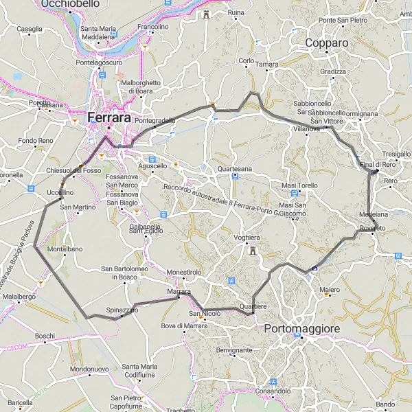 Miniaturní mapa "Okružní cyklistická trasa Spinazzino - Ferrara - Piazzo Trento e Trieste - Baura - Denore" inspirace pro cyklisty v oblasti Emilia-Romagna, Italy. Vytvořeno pomocí plánovače tras Tarmacs.app