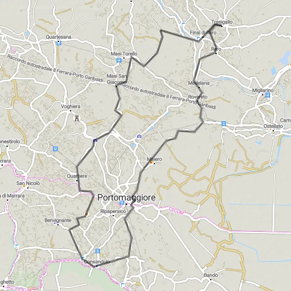 Miniatura della mappa di ispirazione al ciclismo "Esplorazione ciclistica nei dintorni di Tresigallo-Final di Rero" nella regione di Emilia-Romagna, Italy. Generata da Tarmacs.app, pianificatore di rotte ciclistiche