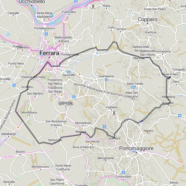 Miniaturní mapa "Cestování po kopcích kolem Tresigallo-Final di Rero" inspirace pro cyklisty v oblasti Emilia-Romagna, Italy. Vytvořeno pomocí plánovače tras Tarmacs.app