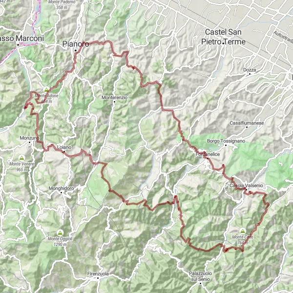 Zemljevid v pomanjšavi "Gorsko kolesarjenje okoli Vada" kolesarske inspiracije v Emilia-Romagna, Italy. Generirano z načrtovalcem kolesarskih poti Tarmacs.app