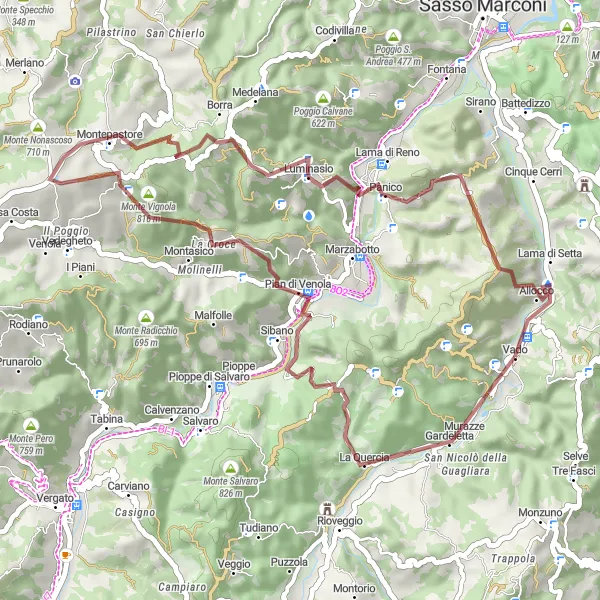 Zemljevid v pomanjšavi "Gravel kolesarska pustolovščina iz Vada" kolesarske inspiracije v Emilia-Romagna, Italy. Generirano z načrtovalcem kolesarskih poti Tarmacs.app