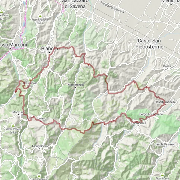 Miniaturekort af cykelinspirationen "Gruscyklingsrute til Monte Adone og Borgo Tossignano" i Emilia-Romagna, Italy. Genereret af Tarmacs.app cykelruteplanlægger