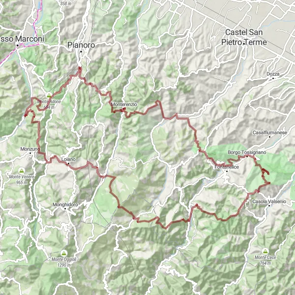 Kartminiatyr av "Gruskjøring til Monterenzio og Rocca di Monte Battaglia" sykkelinspirasjon i Emilia-Romagna, Italy. Generert av Tarmacs.app sykkelrutoplanlegger