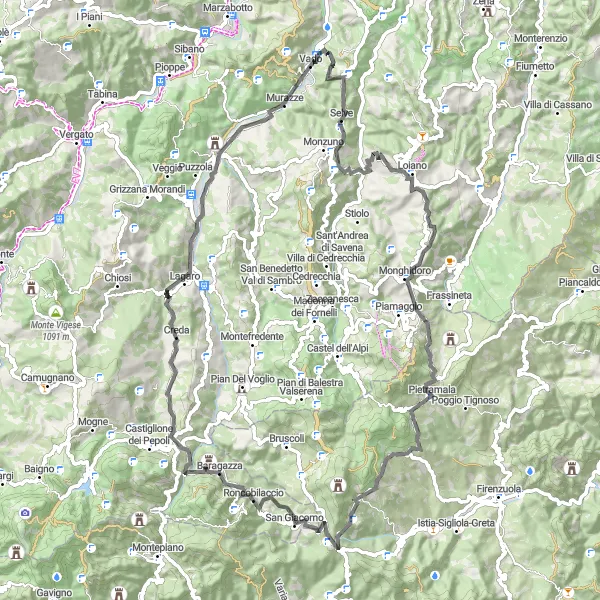 Miniatua del mapa de inspiración ciclista "Desafío en Passo della Raticosa y Monte Catarelto" en Emilia-Romagna, Italy. Generado por Tarmacs.app planificador de rutas ciclistas