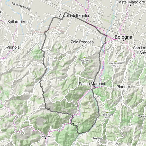 Miniaturní mapa "Cyklotrasa Monte Caprara - Lavino di Mezzo - Vado" inspirace pro cyklisty v oblasti Emilia-Romagna, Italy. Vytvořeno pomocí plánovače tras Tarmacs.app