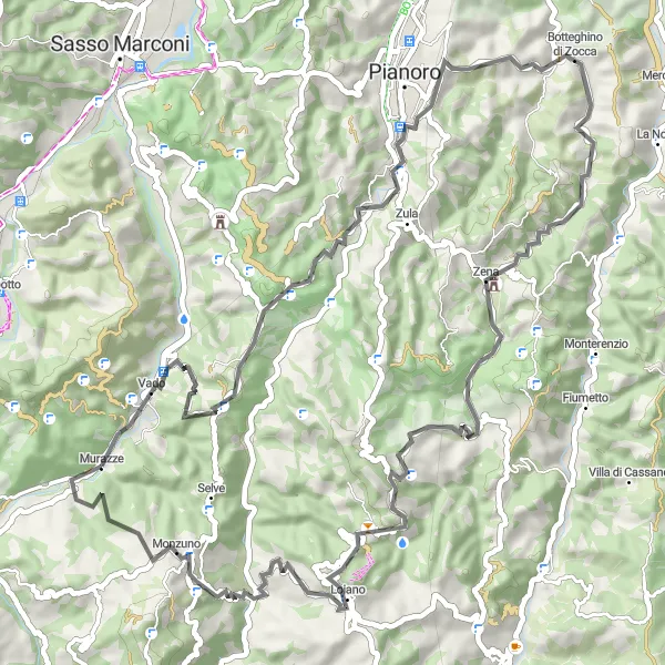 Kartminiatyr av "Utforsk Vado og Monte Adone" sykkelinspirasjon i Emilia-Romagna, Italy. Generert av Tarmacs.app sykkelrutoplanlegger