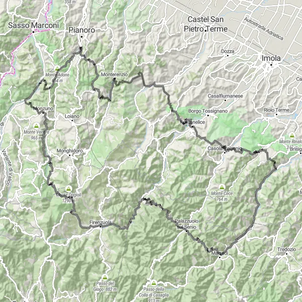 Miniatura della mappa di ispirazione al ciclismo "Avventuroso giro in bicicletta da Vado a Castel dell'Alpi" nella regione di Emilia-Romagna, Italy. Generata da Tarmacs.app, pianificatore di rotte ciclistiche