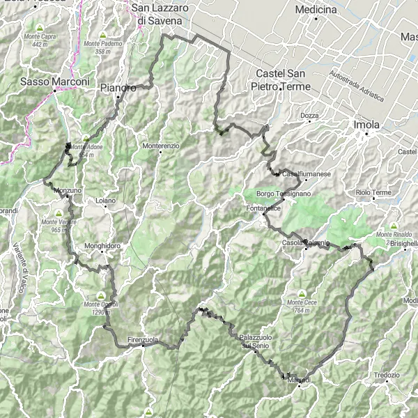 Miniatura della mappa di ispirazione al ciclismo "Giro delle Cime Bolognesi" nella regione di Emilia-Romagna, Italy. Generata da Tarmacs.app, pianificatore di rotte ciclistiche