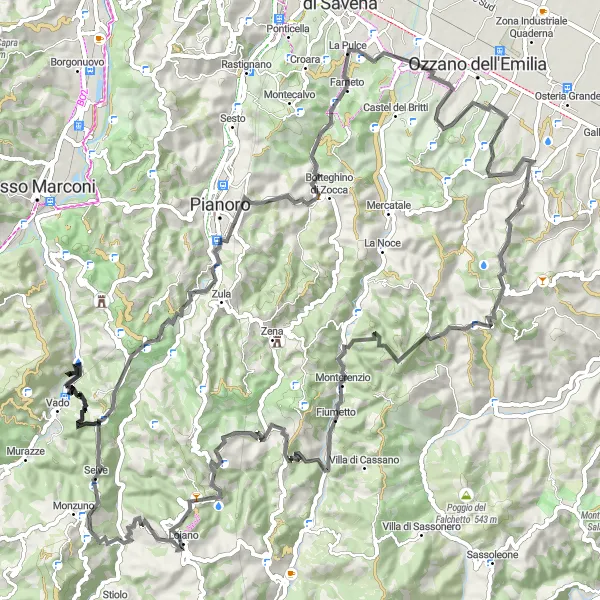 Miniaturní mapa "Cyklotrasa Monte Calderaro" inspirace pro cyklisty v oblasti Emilia-Romagna, Italy. Vytvořeno pomocí plánovače tras Tarmacs.app