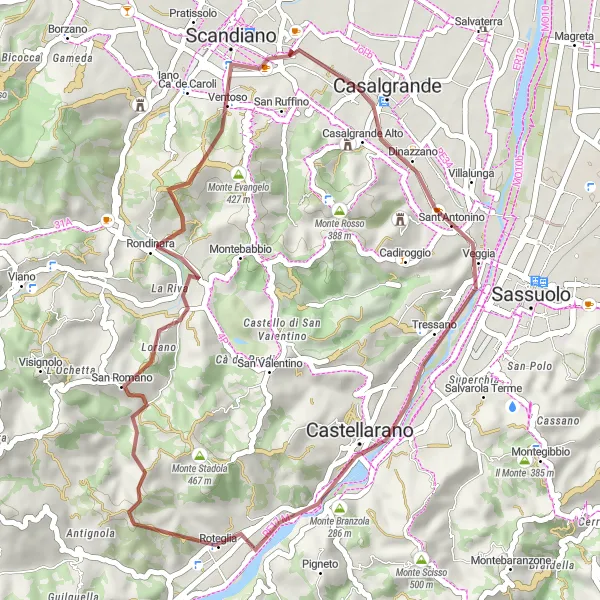 Miniatua del mapa de inspiración ciclista "Ruta de grava a San Michele dei Mucchietti" en Emilia-Romagna, Italy. Generado por Tarmacs.app planificador de rutas ciclistas