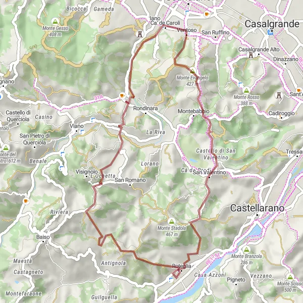 Miniatua del mapa de inspiración ciclista "Ruta de Ventoso a Castello Dondena" en Emilia-Romagna, Italy. Generado por Tarmacs.app planificador de rutas ciclistas