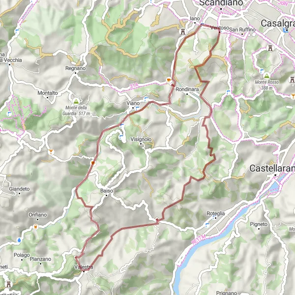 Miniatura della mappa di ispirazione al ciclismo "Tour Ventoso-Castello Dondena" nella regione di Emilia-Romagna, Italy. Generata da Tarmacs.app, pianificatore di rotte ciclistiche