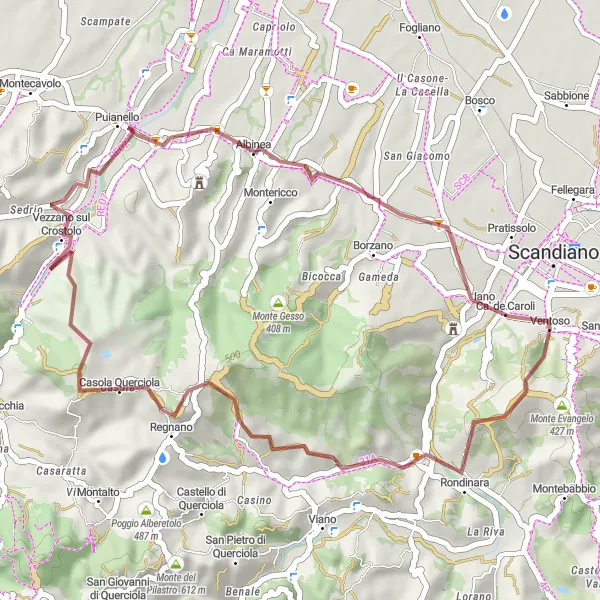 Miniaturní mapa "Gravel Ventoso Circuit" inspirace pro cyklisty v oblasti Emilia-Romagna, Italy. Vytvořeno pomocí plánovače tras Tarmacs.app