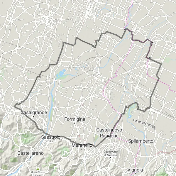 Kartminiatyr av "Scandiano til Monte della Vigna Landevei" sykkelinspirasjon i Emilia-Romagna, Italy. Generert av Tarmacs.app sykkelrutoplanlegger