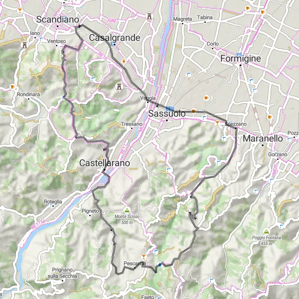 Mapa miniatúra "Cyklotrasa cez Castello di Spezzano a Monte sant'Andrea" cyklistická inšpirácia v Emilia-Romagna, Italy. Vygenerované cyklistickým plánovačom trás Tarmacs.app