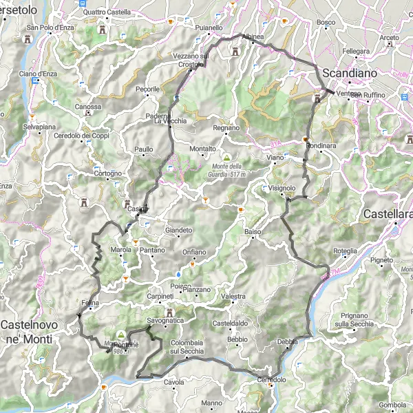 Mapa miniatúra "Cyklotrasa cez Castello Dondena a Monte Berbio" cyklistická inšpirácia v Emilia-Romagna, Italy. Vygenerované cyklistickým plánovačom trás Tarmacs.app