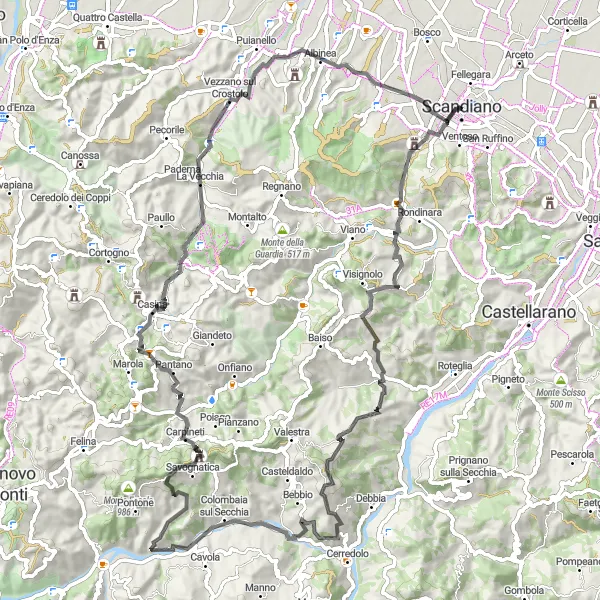 Mapa miniatúra "Cyklocesta cez Scandiano a Monte Vecchio" cyklistická inšpirácia v Emilia-Romagna, Italy. Vygenerované cyklistickým plánovačom trás Tarmacs.app