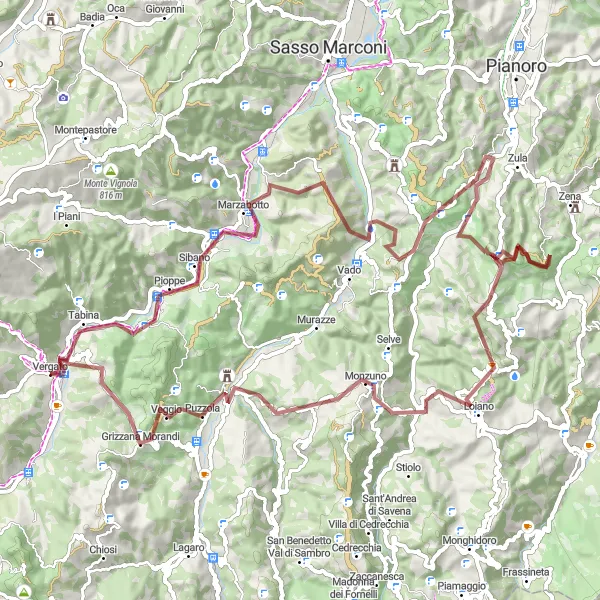 Miniaturní mapa "Gravel Kolem Vergato" inspirace pro cyklisty v oblasti Emilia-Romagna, Italy. Vytvořeno pomocí plánovače tras Tarmacs.app