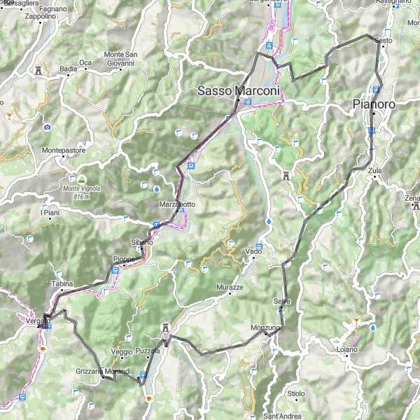 Miniatuurkaart van de fietsinspiratie "Schilderachtige fietstocht naar Sasso Marconi" in Emilia-Romagna, Italy. Gemaakt door de Tarmacs.app fietsrouteplanner