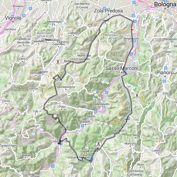 Miniatuurkaart van de fietsinspiratie "Borgonuovo Berg en Dal Route" in Emilia-Romagna, Italy. Gemaakt door de Tarmacs.app fietsrouteplanner
