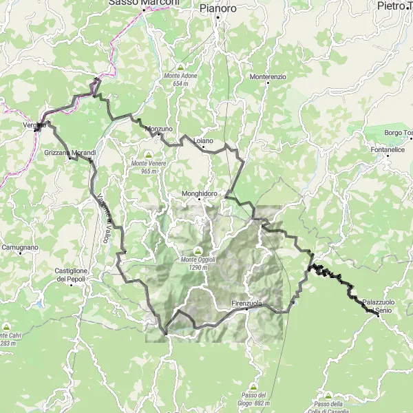 Map miniature of "Vergato - Pian di Venola​​ - Monte Caprara - Monzuno  - Monte Bibele - Monte Cucco - Monte Faggiola - Palazzuolo sul Senio - La Penna - Passo della Futa - Bruscoli - Monte Amato- Grizzana Morandi - Vergato Terminal" cycling inspiration in Emilia-Romagna, Italy. Generated by Tarmacs.app cycling route planner