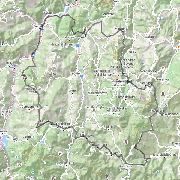 Karttaminiaatyyri "Vuoristomaisemat ja kylät" pyöräilyinspiraatiosta alueella Emilia-Romagna, Italy. Luotu Tarmacs.app pyöräilyreittisuunnittelijalla