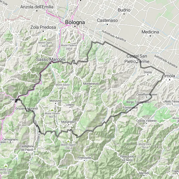 Map miniature of "Explore the Montes of Emilia-Romagna" cycling inspiration in Emilia-Romagna, Italy. Generated by Tarmacs.app cycling route planner