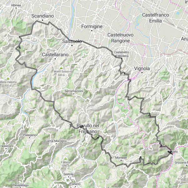 Miniature de la carte de l'inspiration cycliste "Tour des Montagnes de Modène" dans la Emilia-Romagna, Italy. Générée par le planificateur d'itinéraire cycliste Tarmacs.app