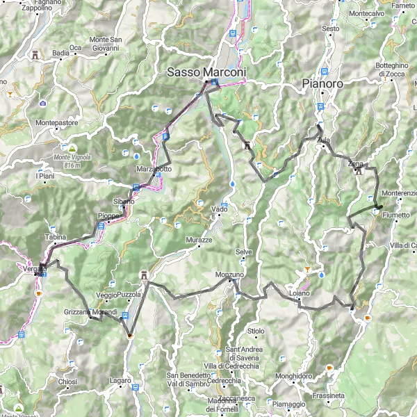 Kartminiatyr av "Vergato-Marzabotto-Loiano-Grizzana Morandi-Vergato" cykelinspiration i Emilia-Romagna, Italy. Genererad av Tarmacs.app cykelruttplanerare