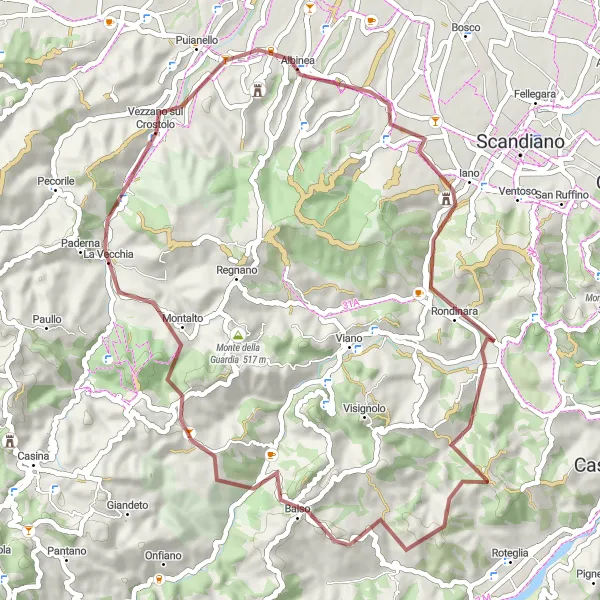 Kartminiatyr av "Grustur till Monte Leone och Monte Mesolo" cykelinspiration i Emilia-Romagna, Italy. Genererad av Tarmacs.app cykelruttplanerare