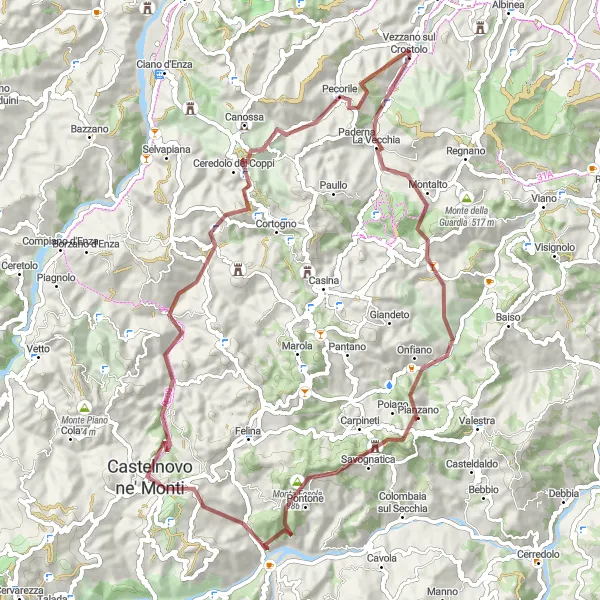 Map miniature of "Mountainous Gravel Expedition" cycling inspiration in Emilia-Romagna, Italy. Generated by Tarmacs.app cycling route planner