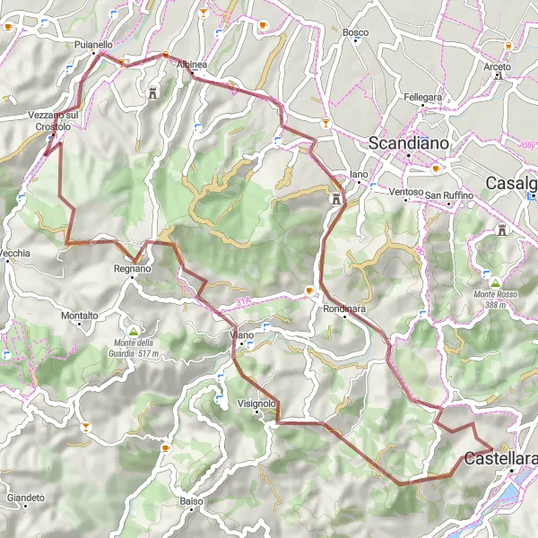 Map miniature of "Gravel Cycling Route to Castellarano and Monte Stadola" cycling inspiration in Emilia-Romagna, Italy. Generated by Tarmacs.app cycling route planner