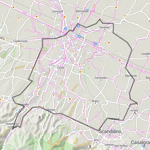 Kartminiatyr av "Landevei til Reggio nell'Emilia" sykkelinspirasjon i Emilia-Romagna, Italy. Generert av Tarmacs.app sykkelrutoplanlegger