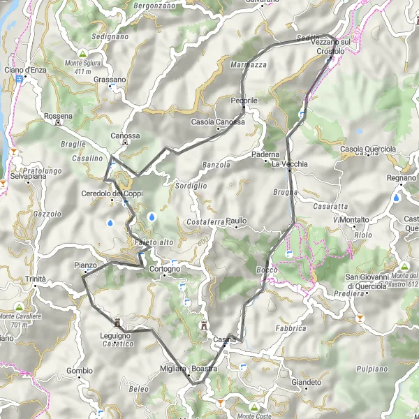 Miniaturní mapa "Okruh kolem Monte Pulce" inspirace pro cyklisty v oblasti Emilia-Romagna, Italy. Vytvořeno pomocí plánovače tras Tarmacs.app